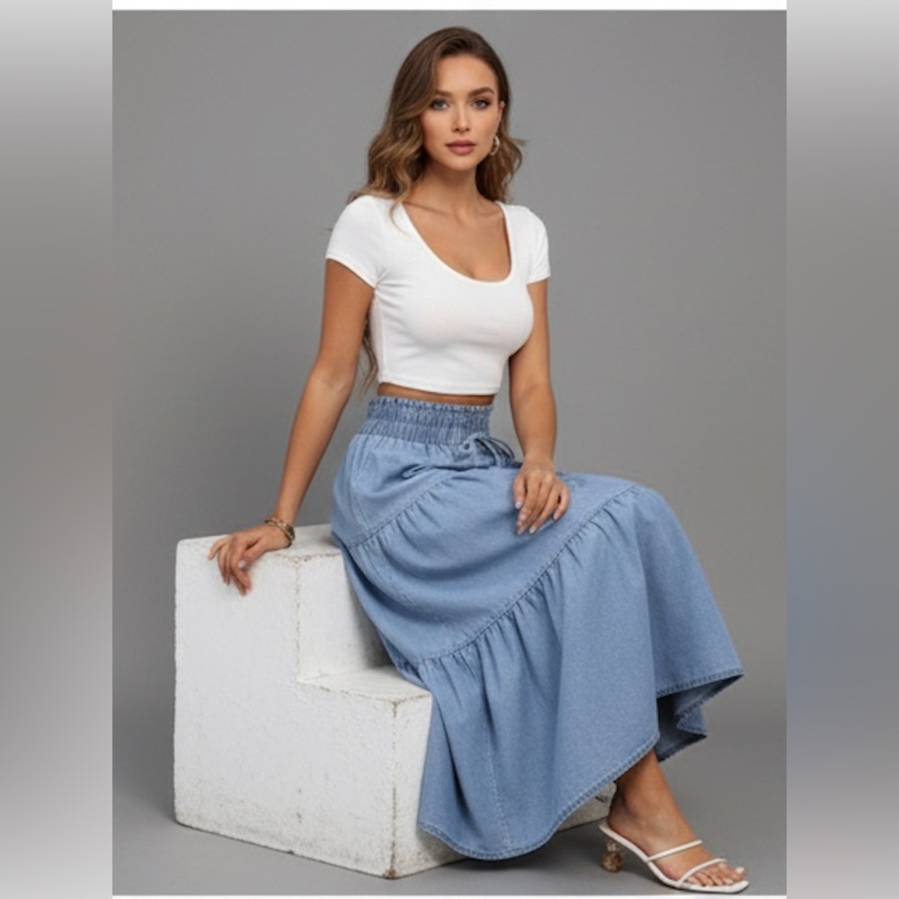 Boho Ruffle Hem Shirred Waist Denim Midi Skirt - Picture 4 of 9